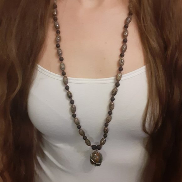 AWESOME- Bloodstone/ DZI Agate/ Black Lava Stone/ Hemp- Knotted Necklace - Picture 7 of 9